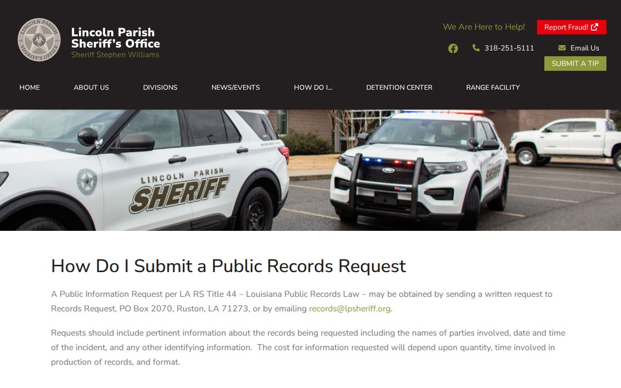 Lincoln Parish booking record request instructions